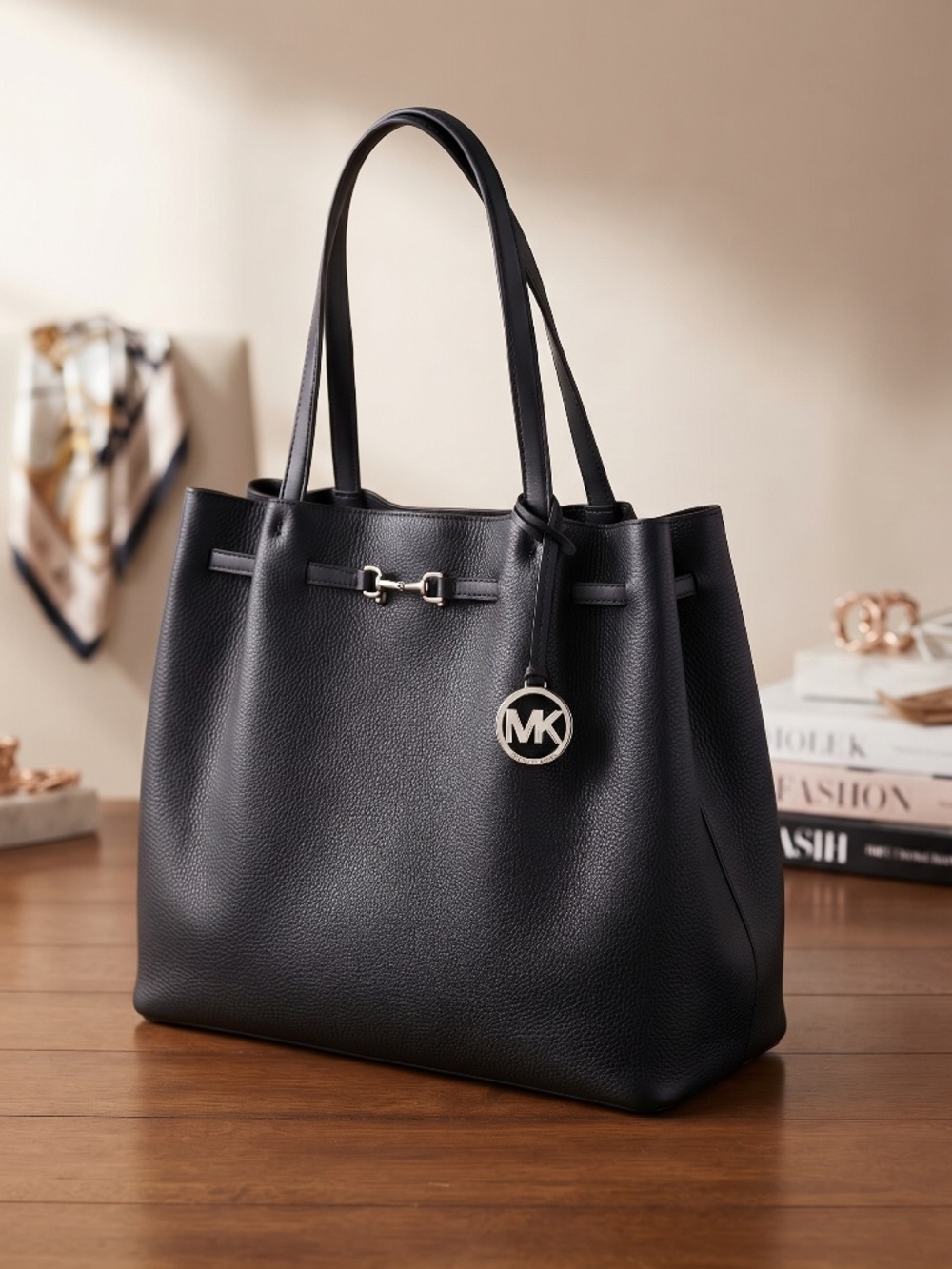 Michael Kors Large Carson Leather Tote Bag in classic black. 100% Calf Leather